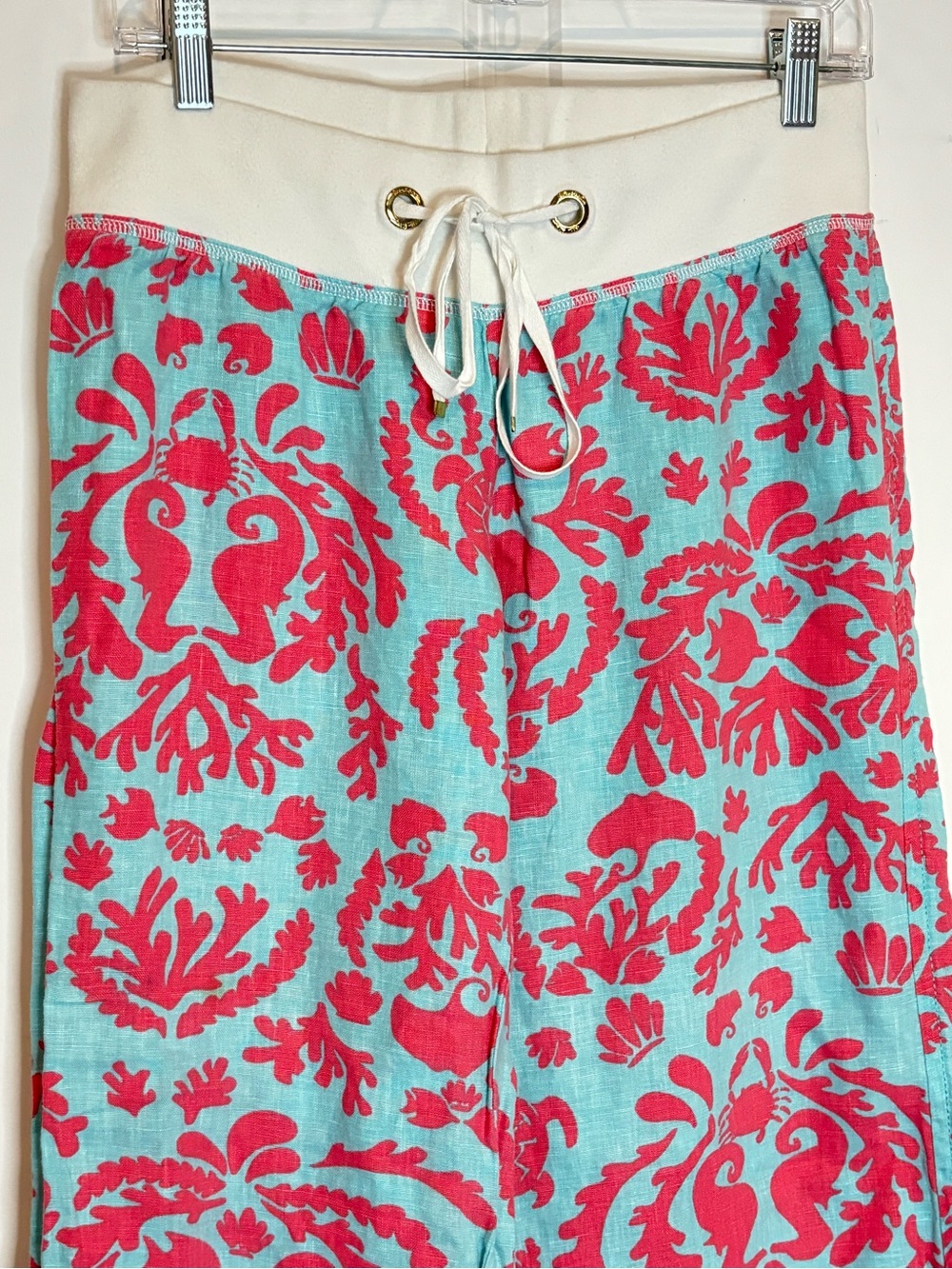 Lilly Pulitzer The Beach Pant Don't Be Shellfish Linen Aqua Coral M - Picture 2 of 8